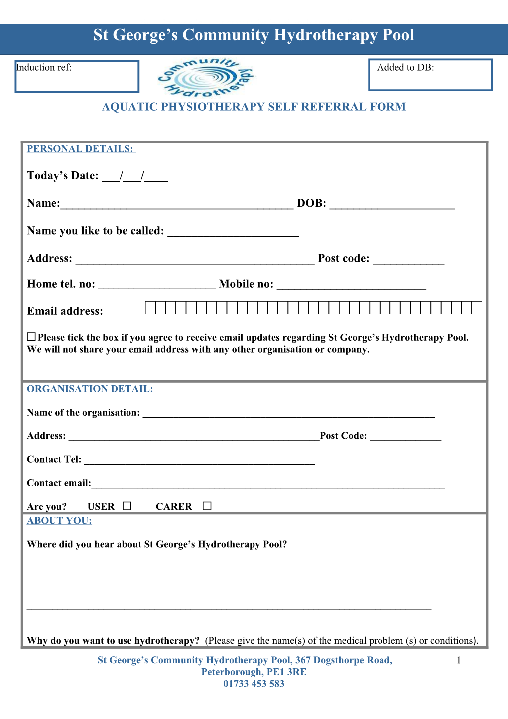 Aquatic Physiotherapy Self Referral Form