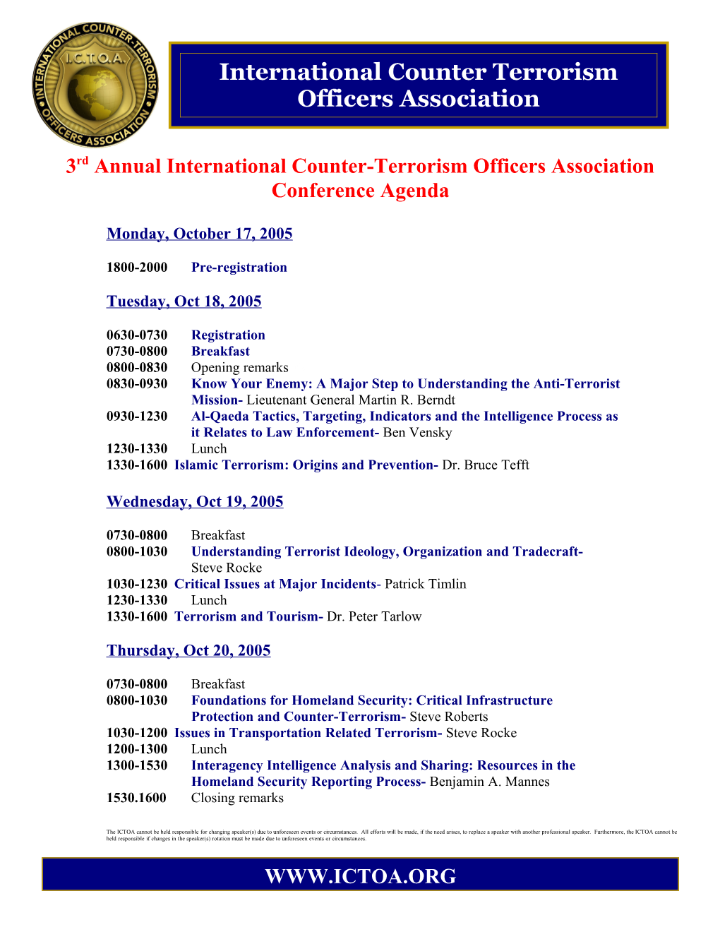 3Rd Annual International Counter-Terrorism Officers Association Conference Agenda