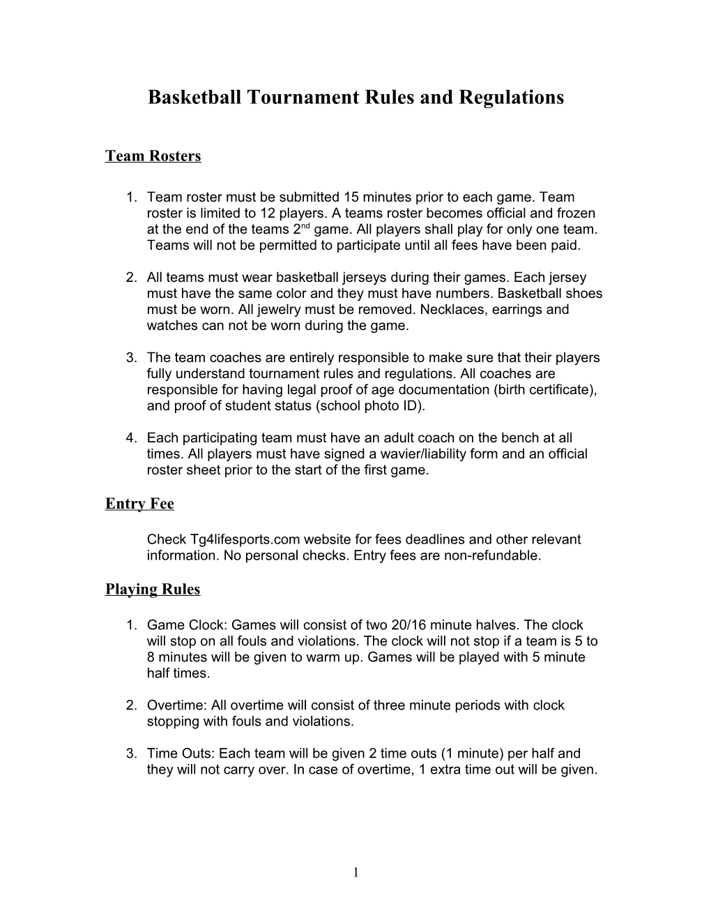 Basketball Tournament Rules and Regulations