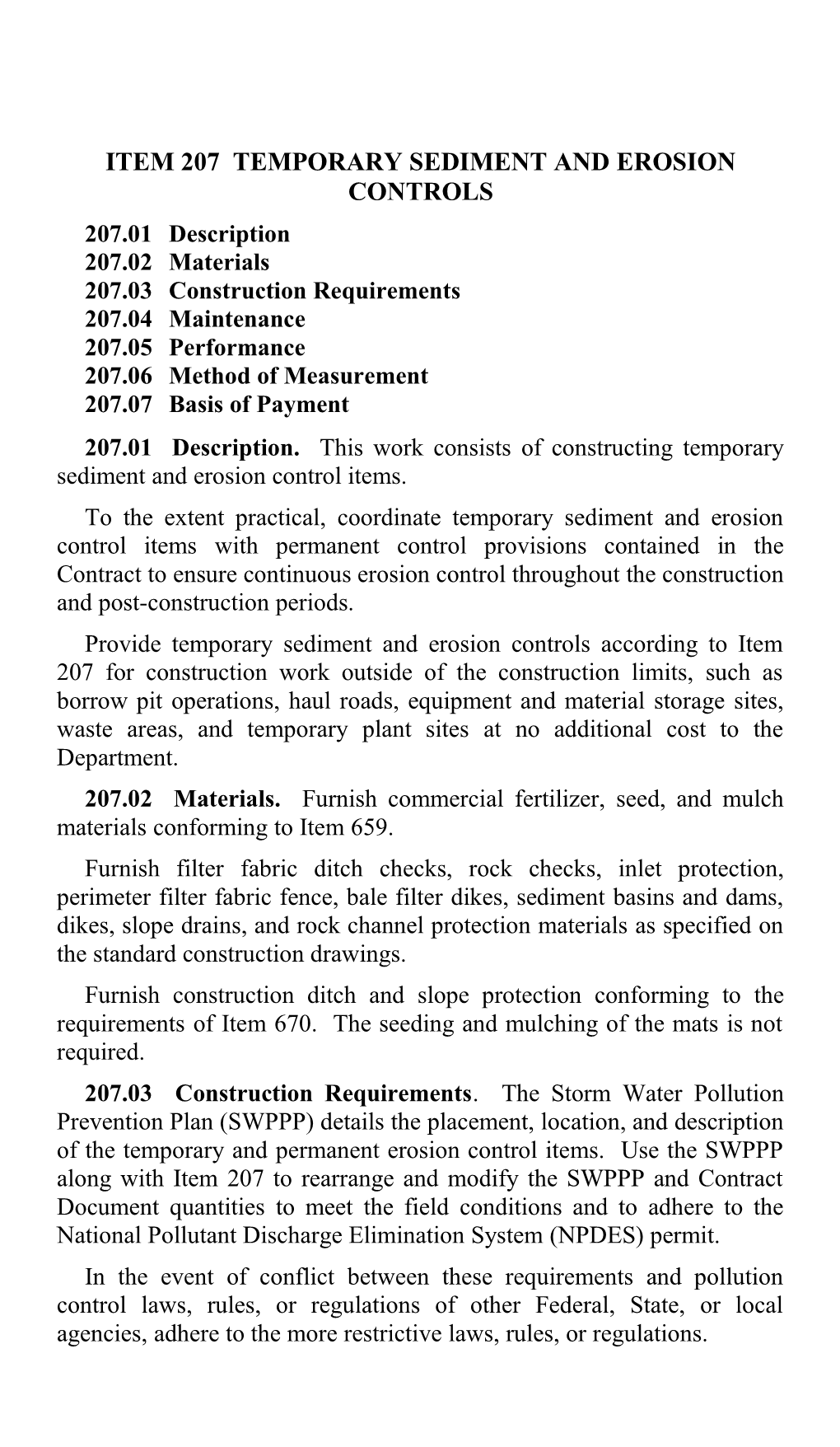 Item 207 TEMPORARY SEDIMENT and EROSION CONTROLS