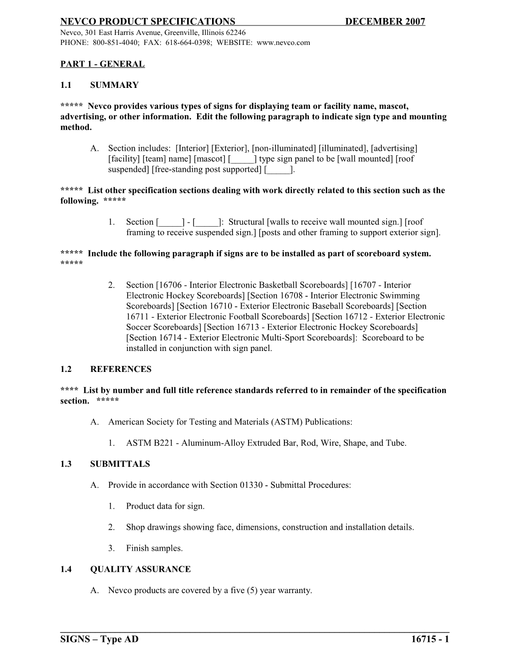 Nevco Product Specifications December 2007