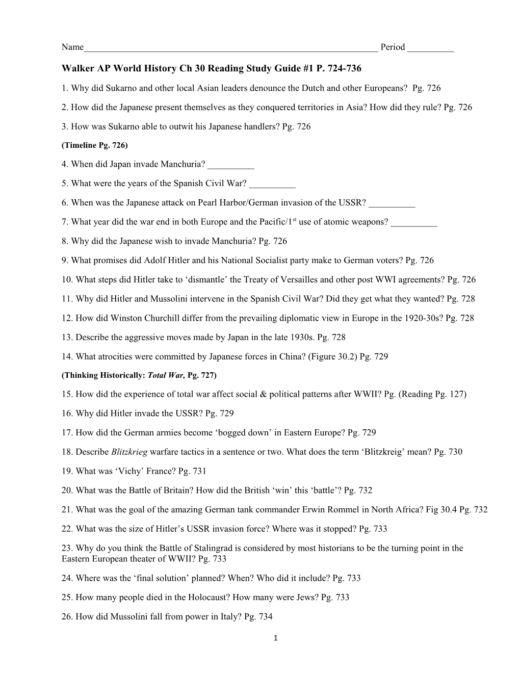 Walker AP World History Ch 30Reading Study Guide #1 P. 724-736