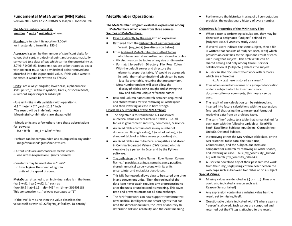 Fundamental Metanumber (MN) Rules