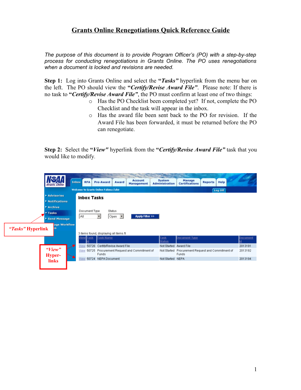 Grants Online Renegotiations Quick Reference Guide