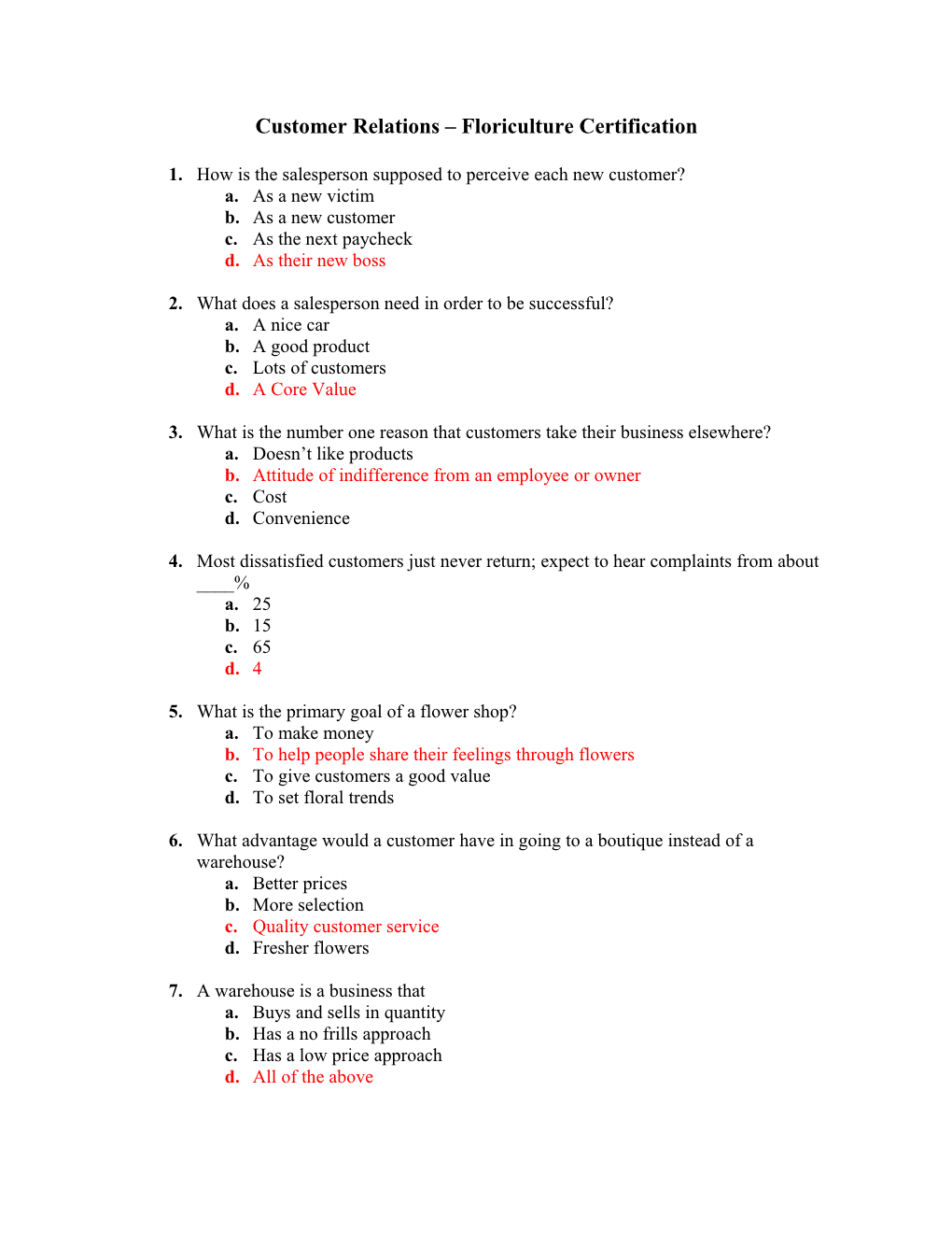 Customer Relations Floriculture Certification