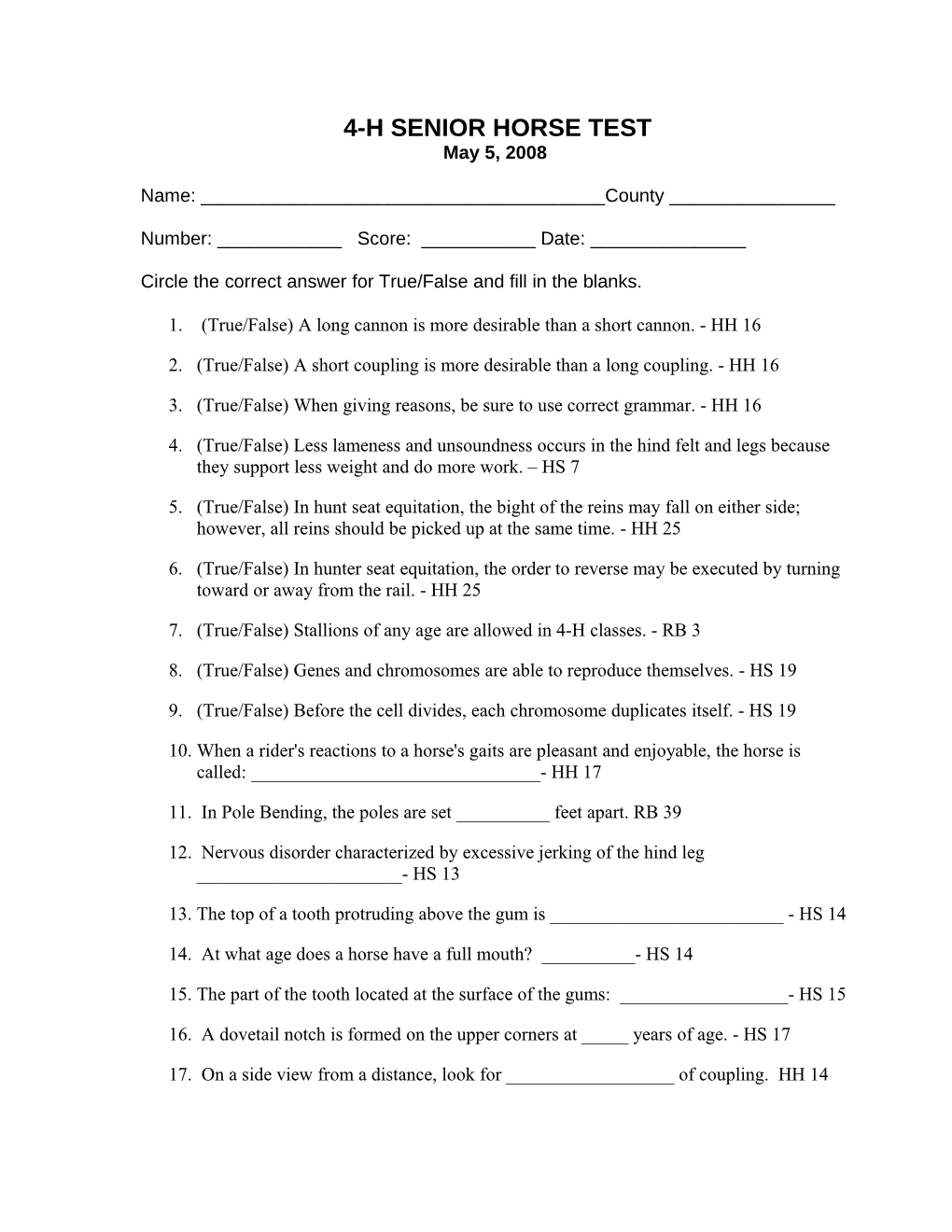 PREVIEW 4-H Horse Show Test for Senior Division