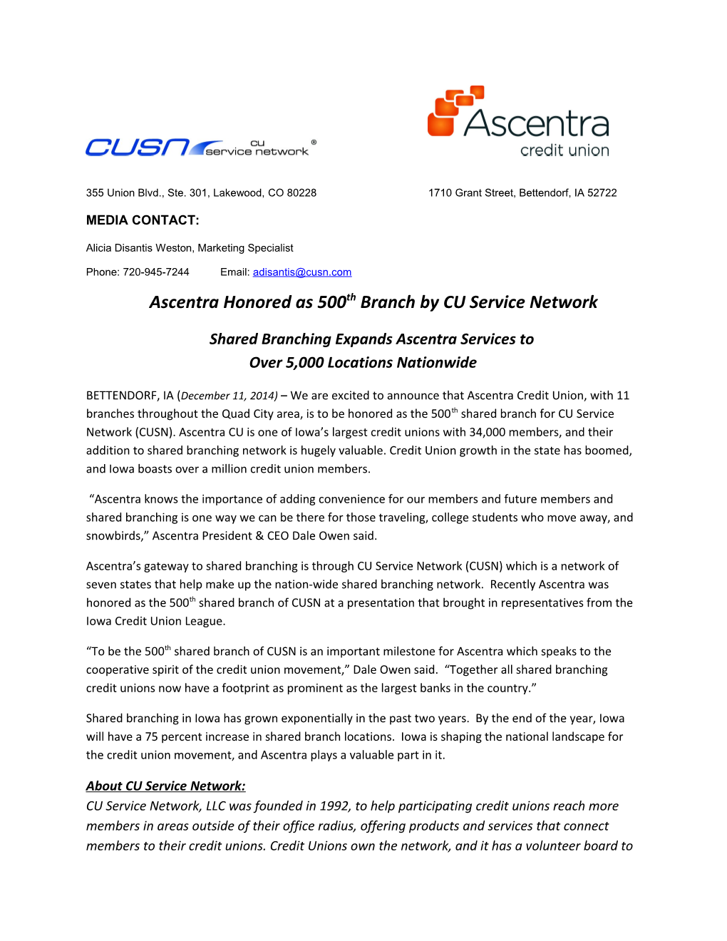 Ascentra Honored As 500Th Branch by CU Service Network