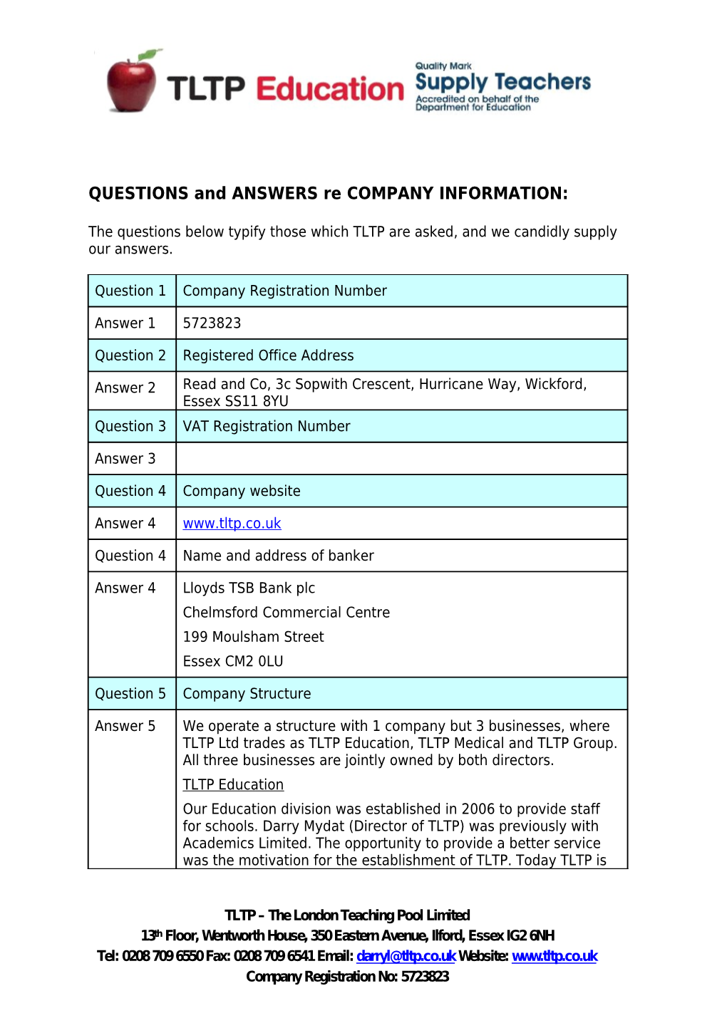 QUESTIONS and ANSWERS Re COMPANY INFORMATION