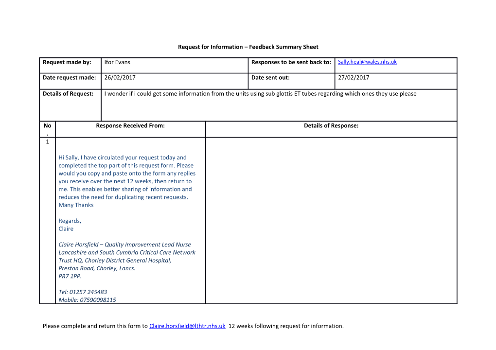 Request for Information Feedback Summary Sheet