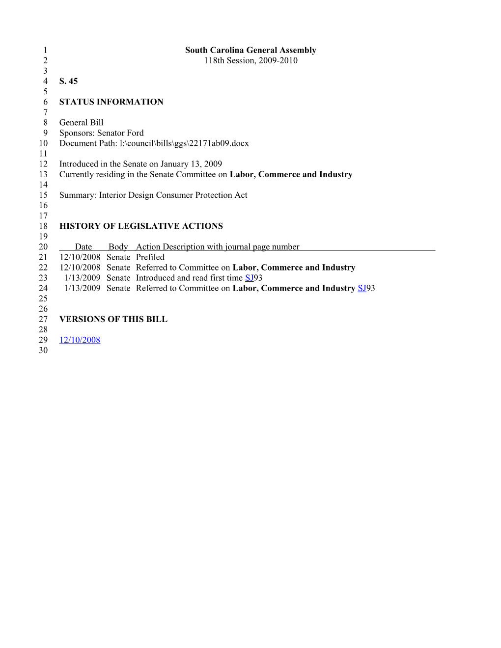 2009-2010 Bill 45: Interior Design Consumer Protection Act - South Carolina Legislature Online