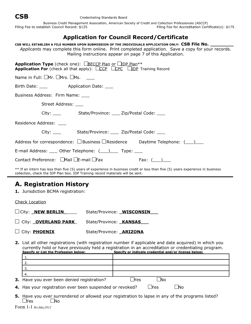Application for Council Record/Certificate