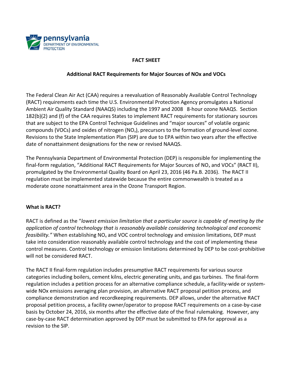 Additional RACT Requirements for Major Sources of Nox and Vocs