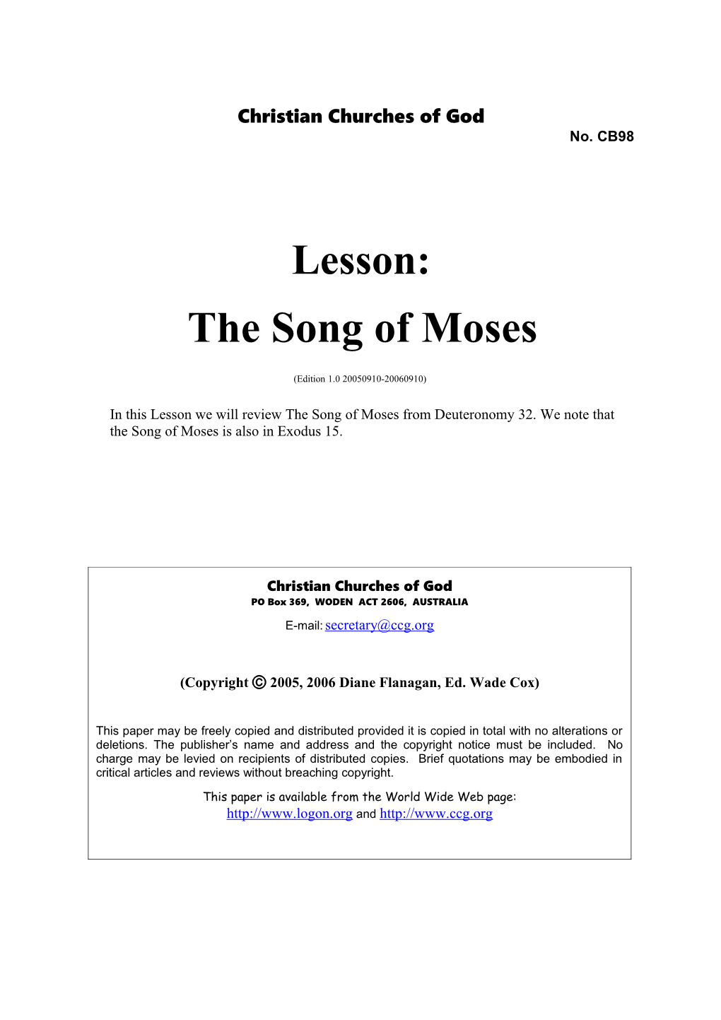 Lesson: the Song of Moses (No. CB98)
