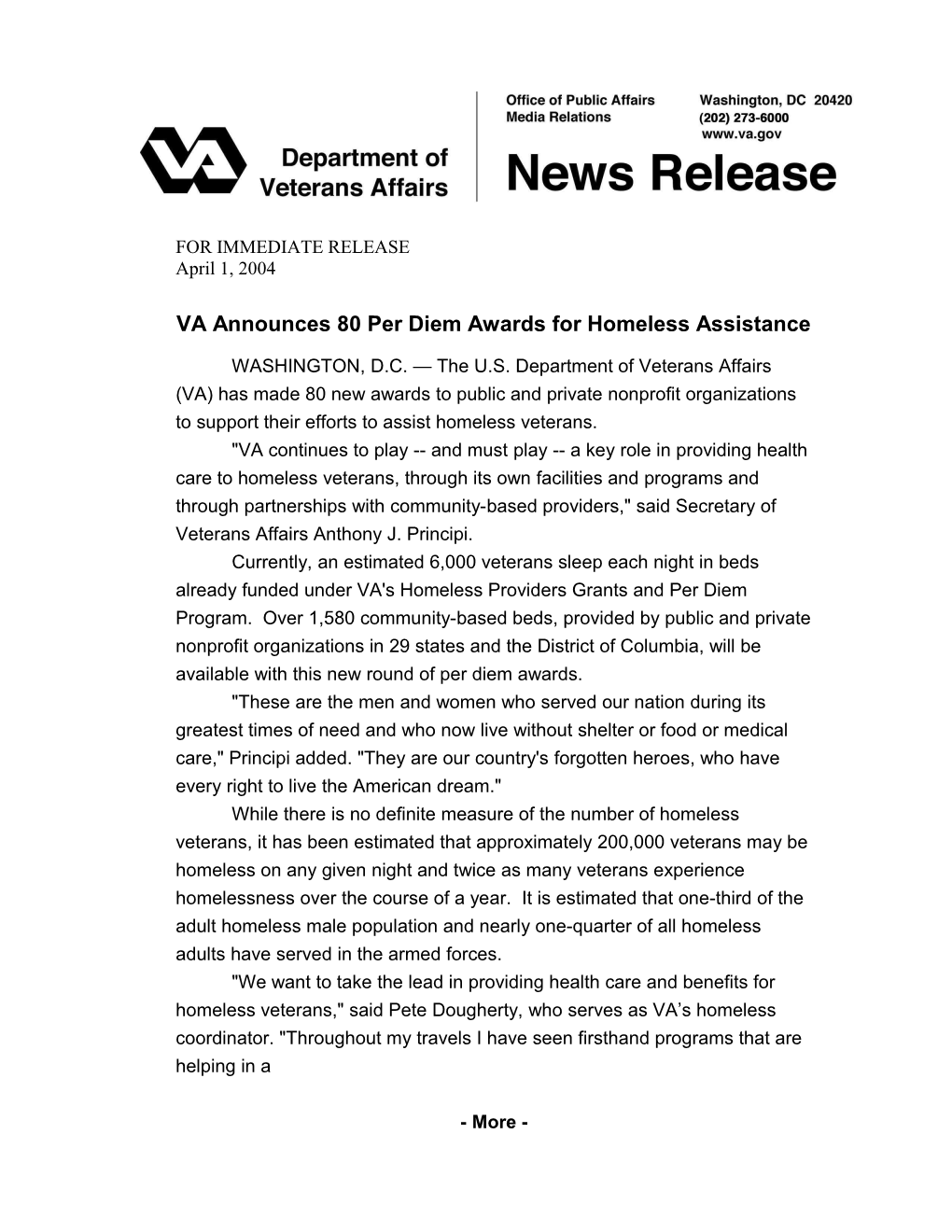VA Announces 80 Per Diem Awards for Homeless Assistance