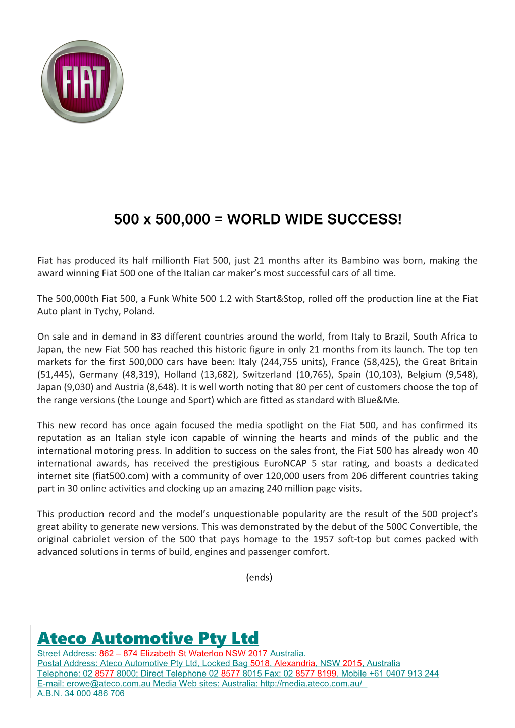 500 X 500,000 = WORLD WIDE SUCCESS!