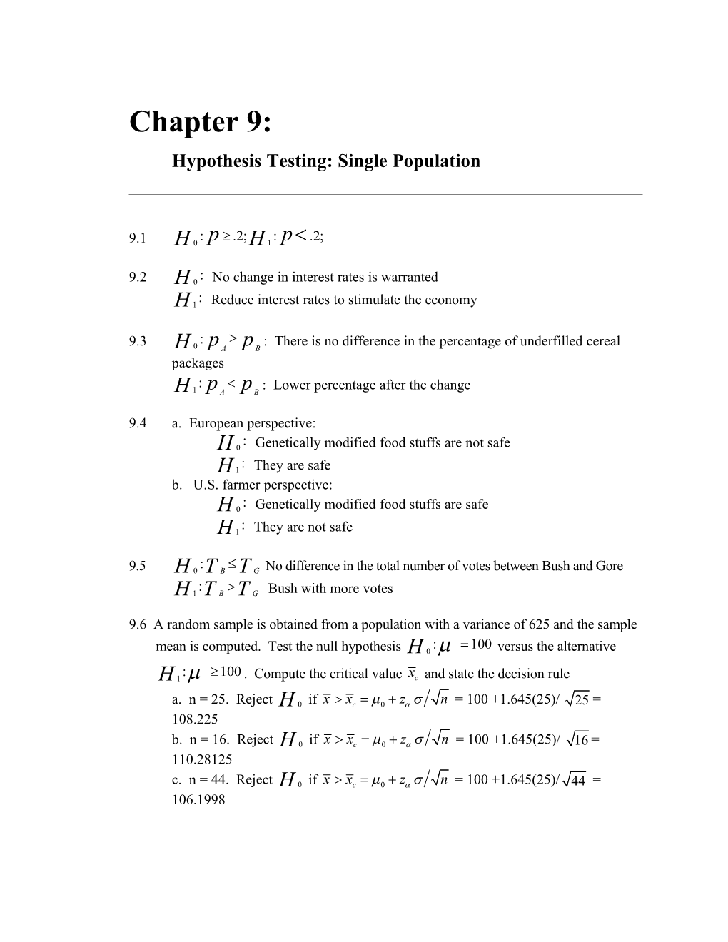 Hypothesis Testing: Single Population