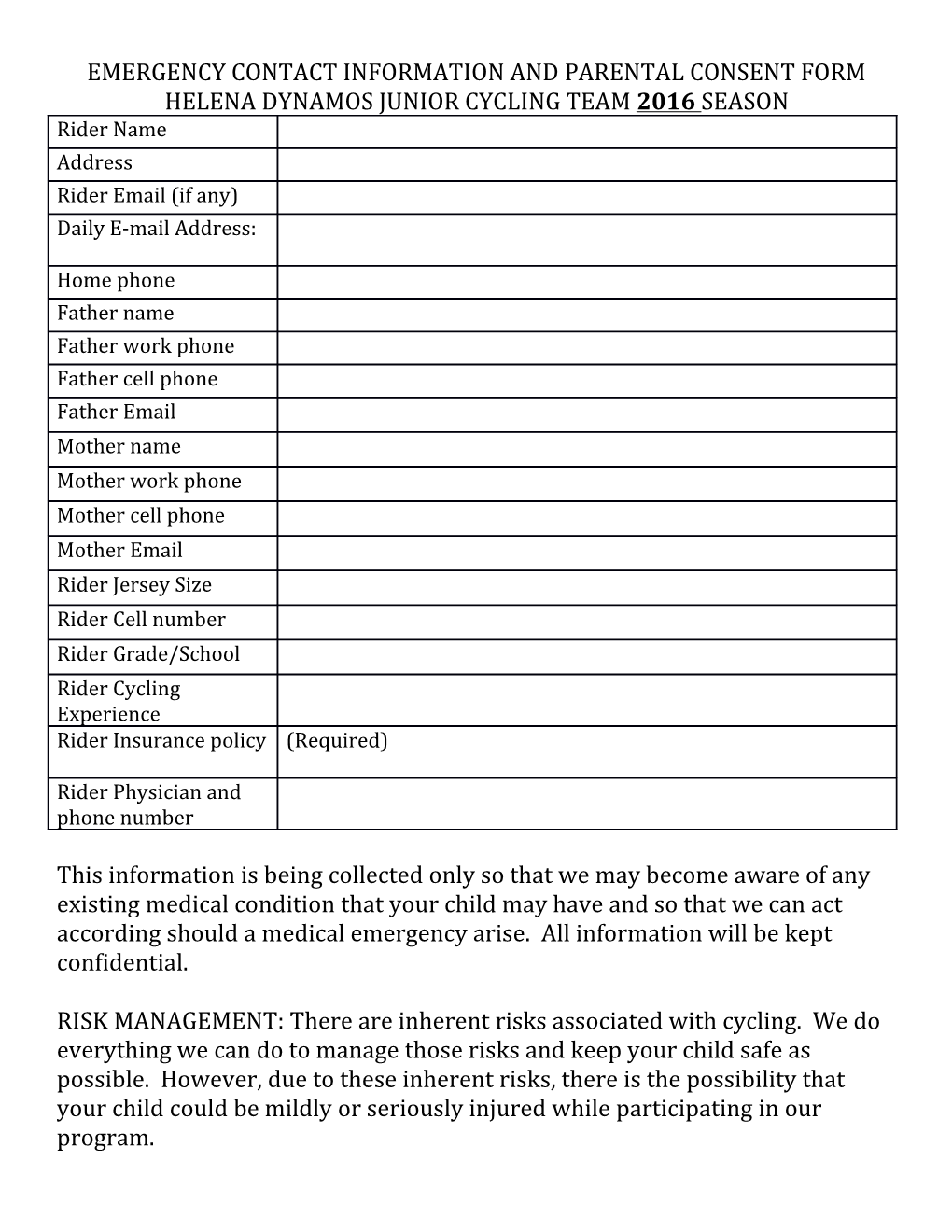 Emergency Contact Information and Parental Consent Form