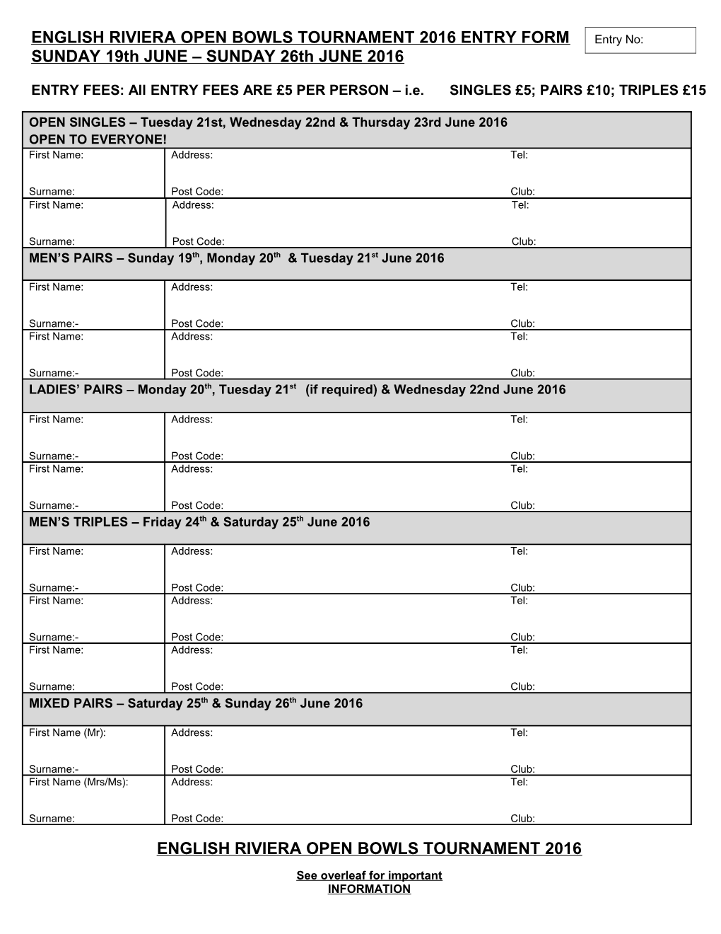 English Riviera Open Bowls Tournament 2016 Entry Form