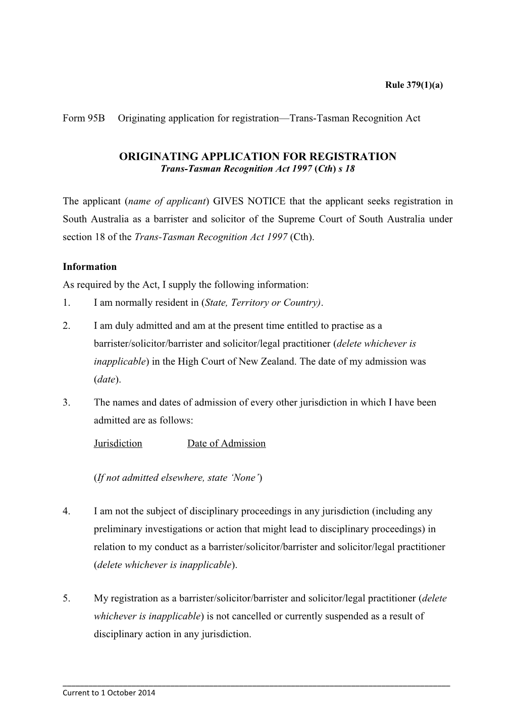 Form 95B - Originating Application for Registration - Trans-Tasman Recognition Act