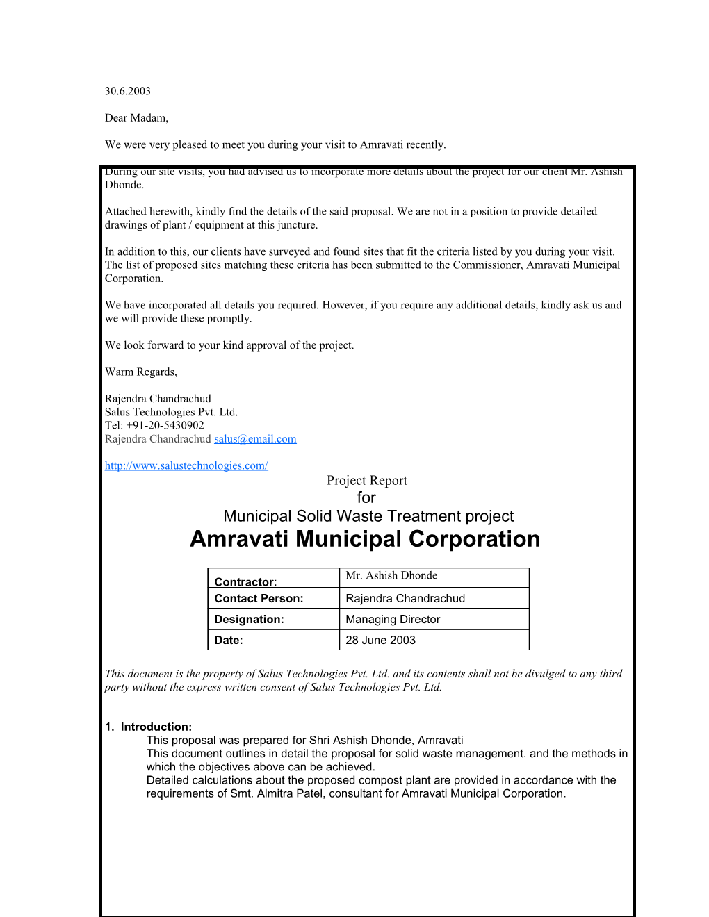 Proposal for Solid Waste Treatment at Amravati