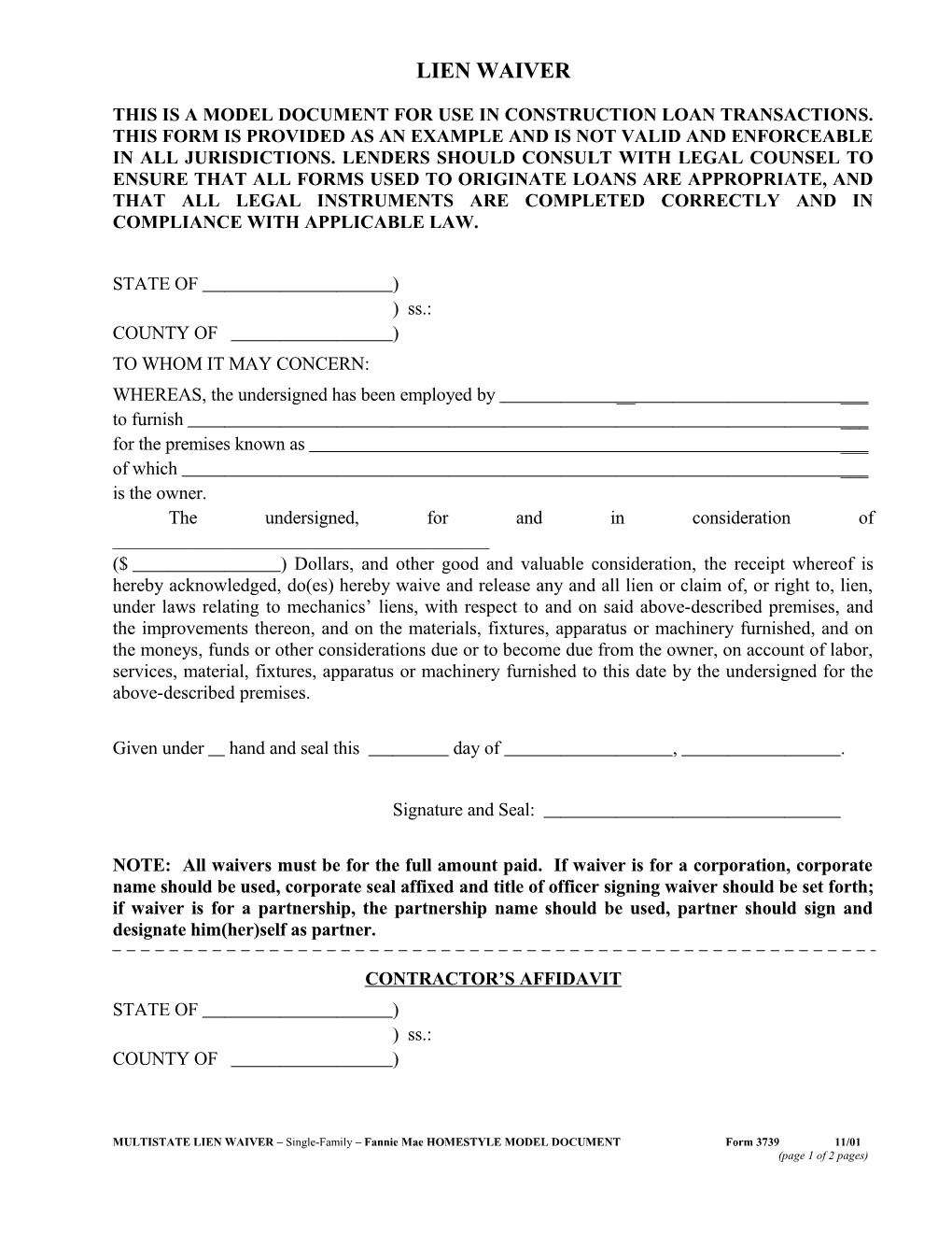 Multistate Lien Waiver (Form 3739): Word