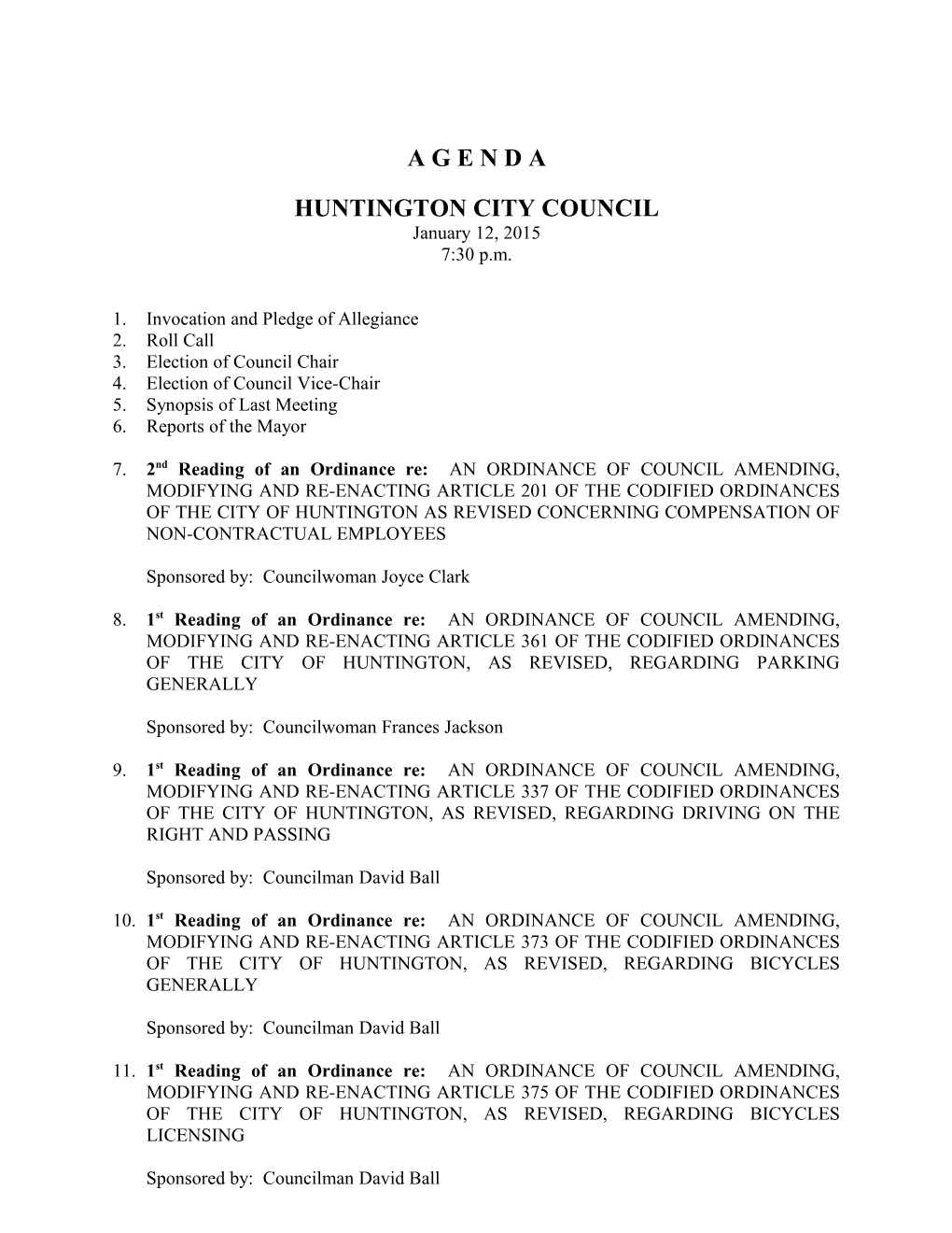 Huntington City Council Agenda 1January 12, 2015