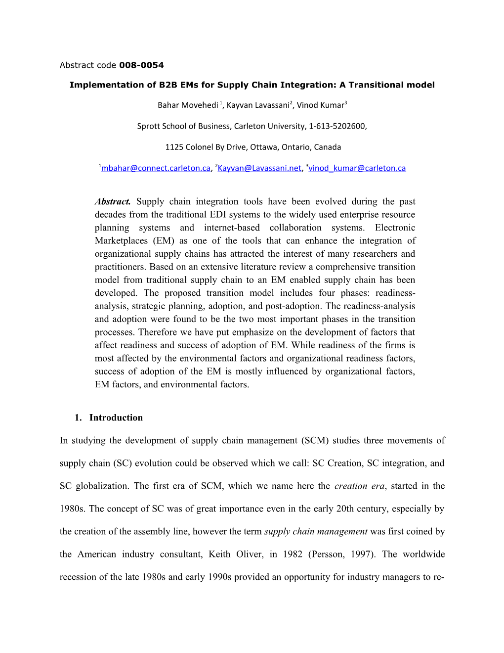 Implementation of B2B Ems for Supply Chain Integration: a Transitional Model