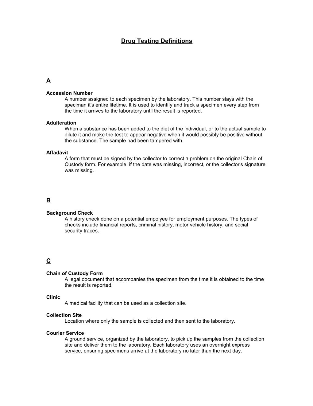 Drug Testing Definitions