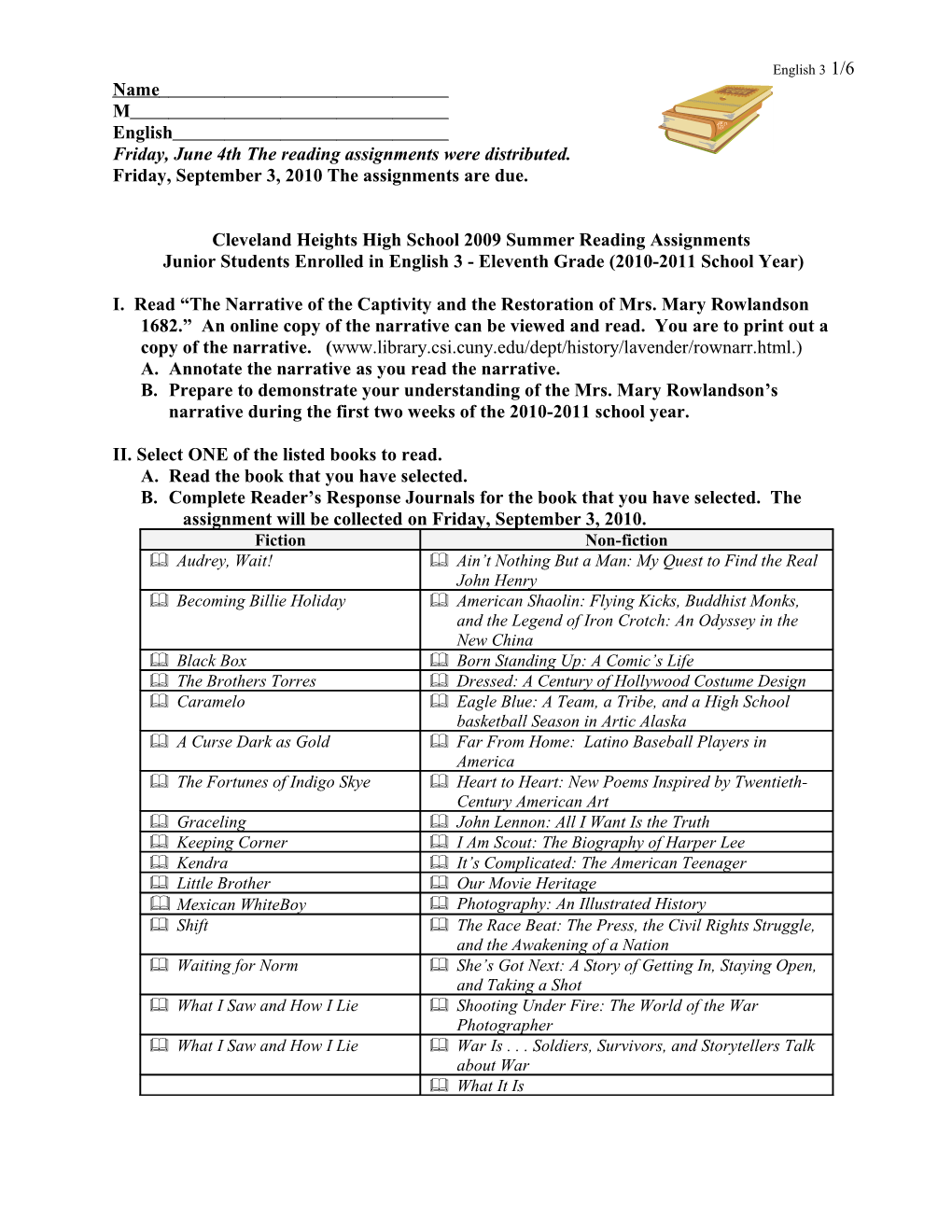 Friday, June 4Th the Reading Assignments Were Distributed