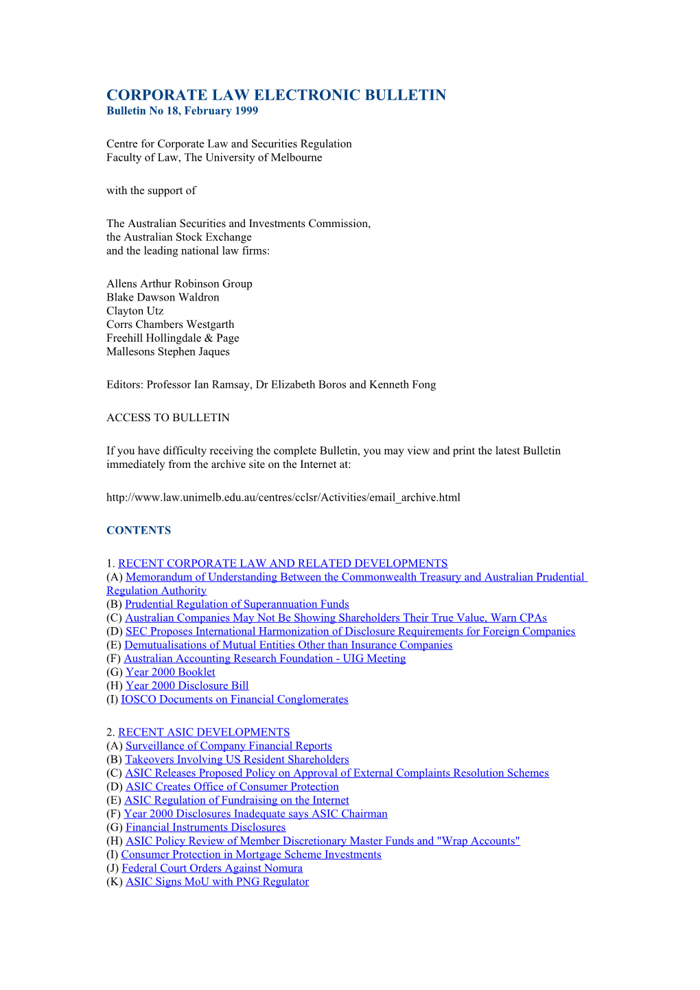 CORPORATE LAW ELECTRONIC BULLETIN Bulletin No 18, February 1999