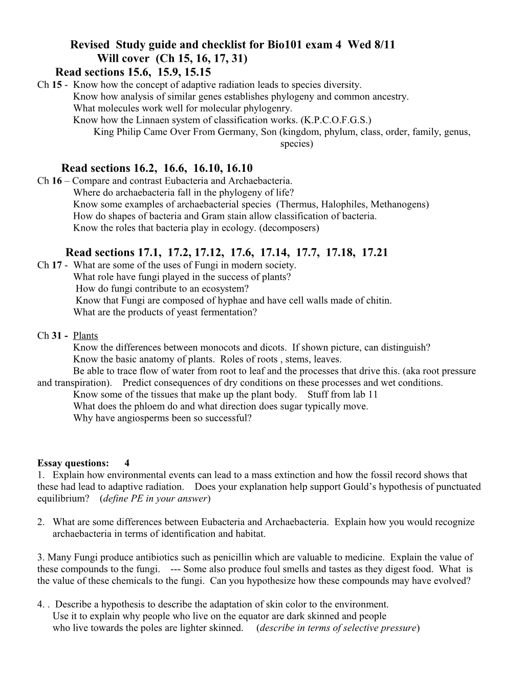 Study Guide and Checklist for Bio101 Exam 4 (Ch 15-19, 31-33)