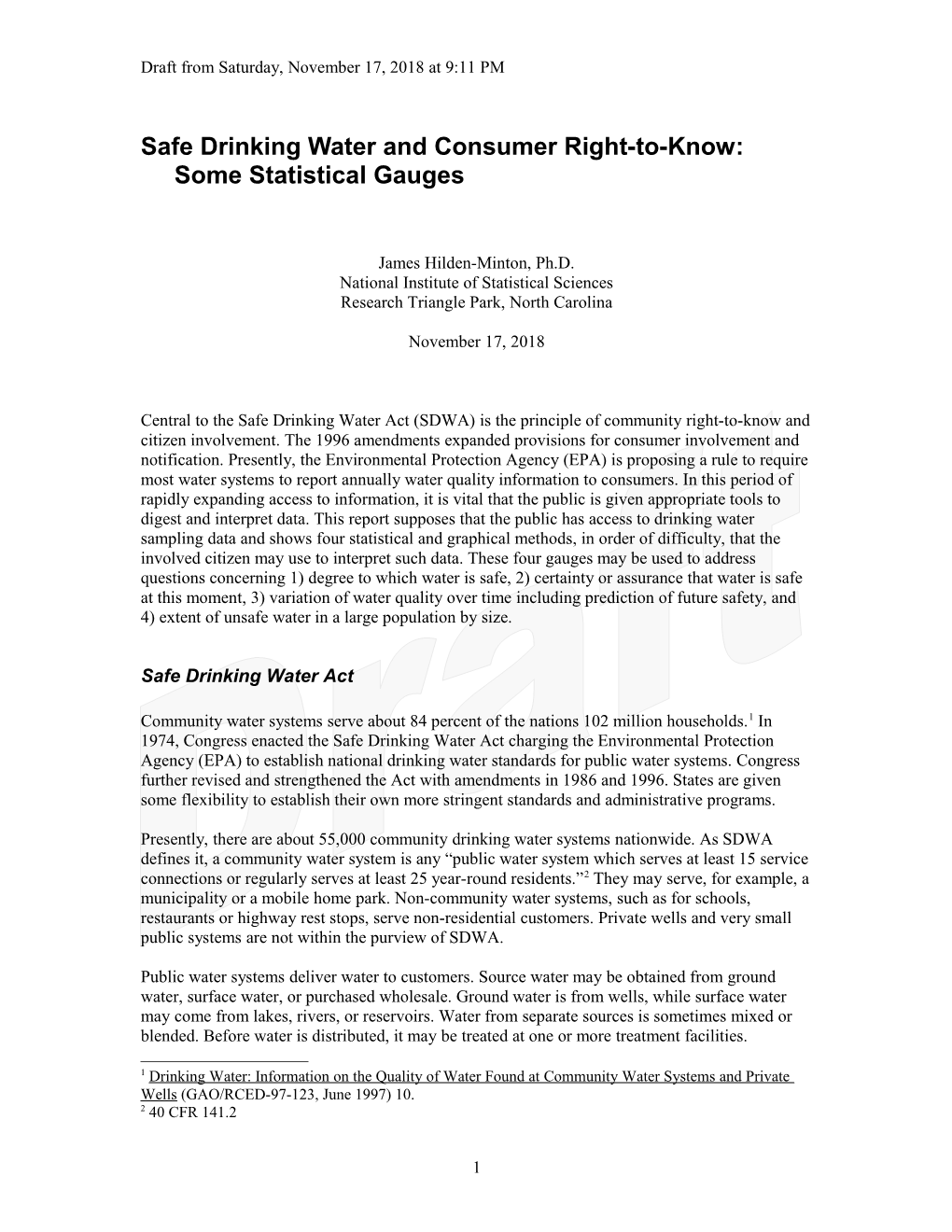 Safe Drinking Water Act and Consumer Right-To-Know: Some Statistical Gauges