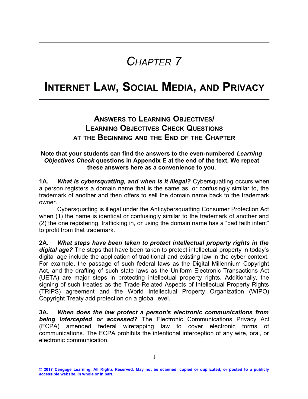 Chapter 7: Internet Law, Social Media, and Privacy 1