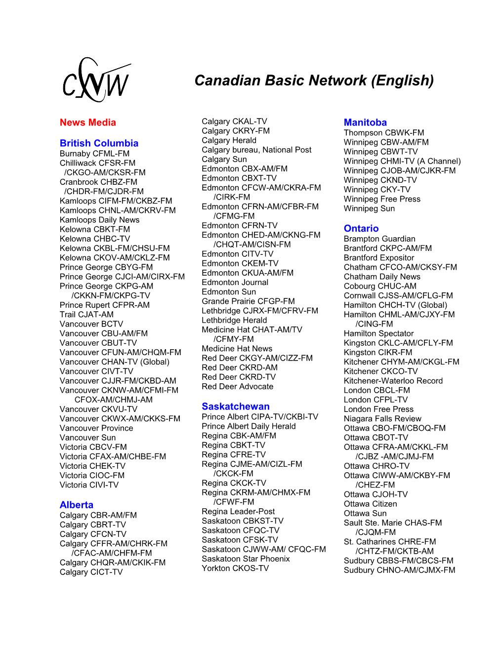 Canadian Basic Network (Continued) (English)Page