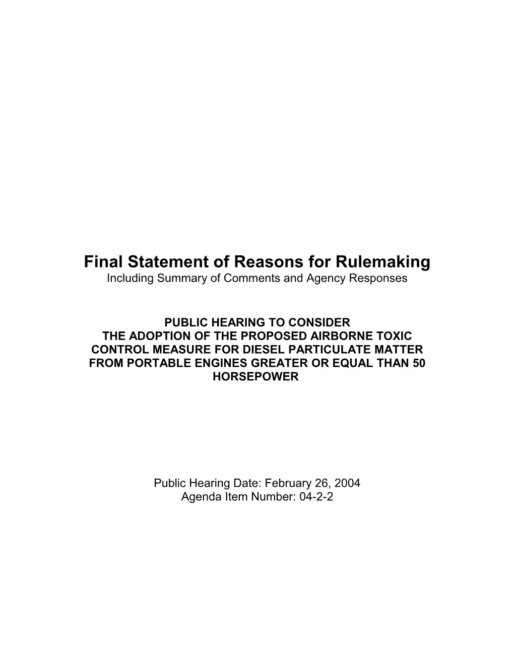 Final Statement of Reasons for Rulemaking