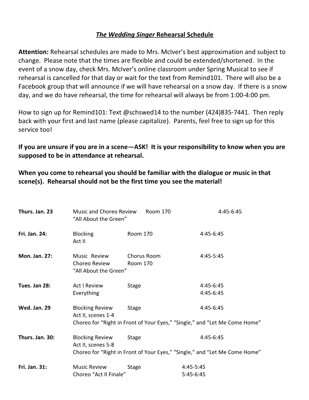 The Wedding Singer Rehearsal Schedule