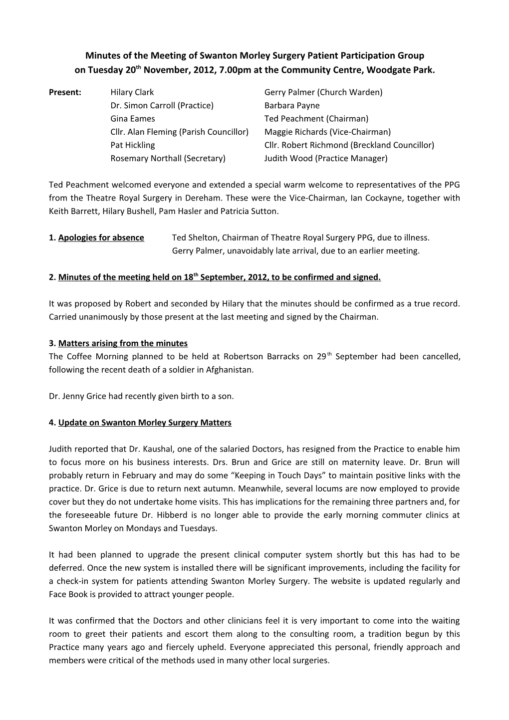 Minutes of the Meeting of Swanton Morley Surgery Patient Participation Group