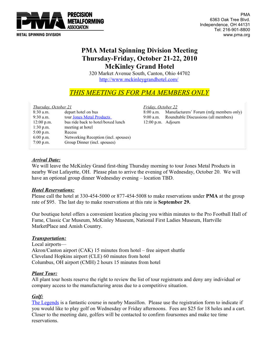 PMA Metal Spinning Division Meeting, Thursday-Friday, September 17-18, 2009