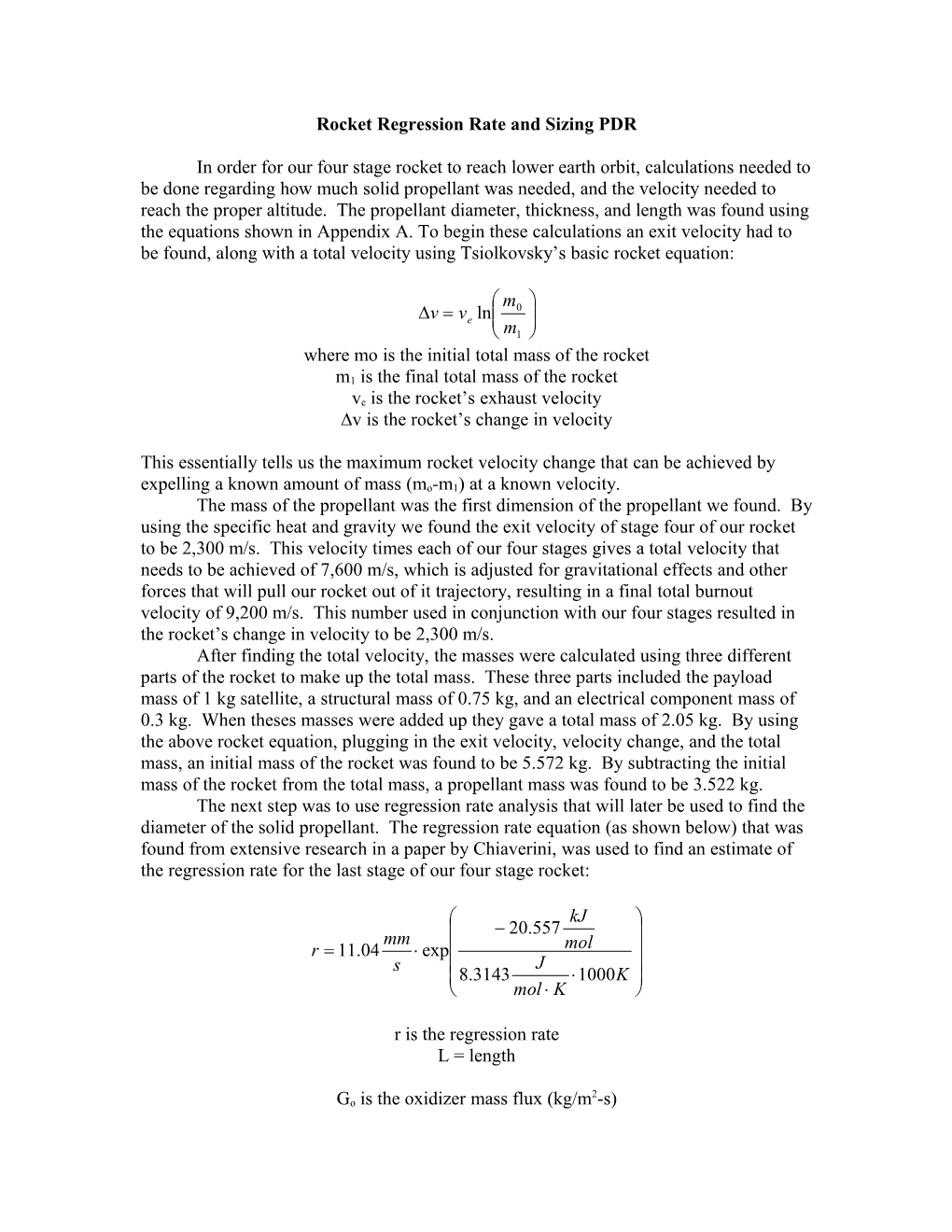 Rocket Regression Rate and Sizing PDR