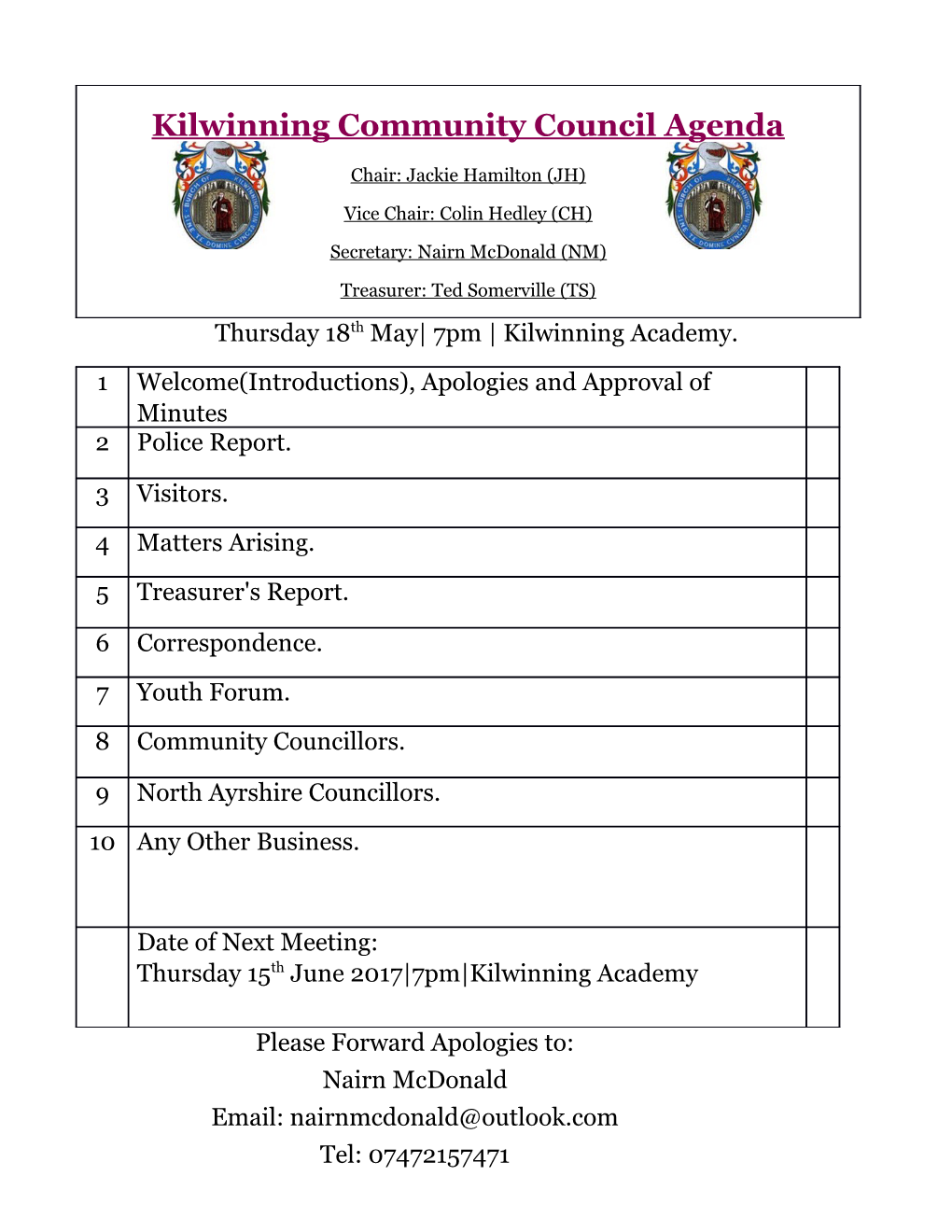Thursday 18Th May 7Pm Kilwinning Academy