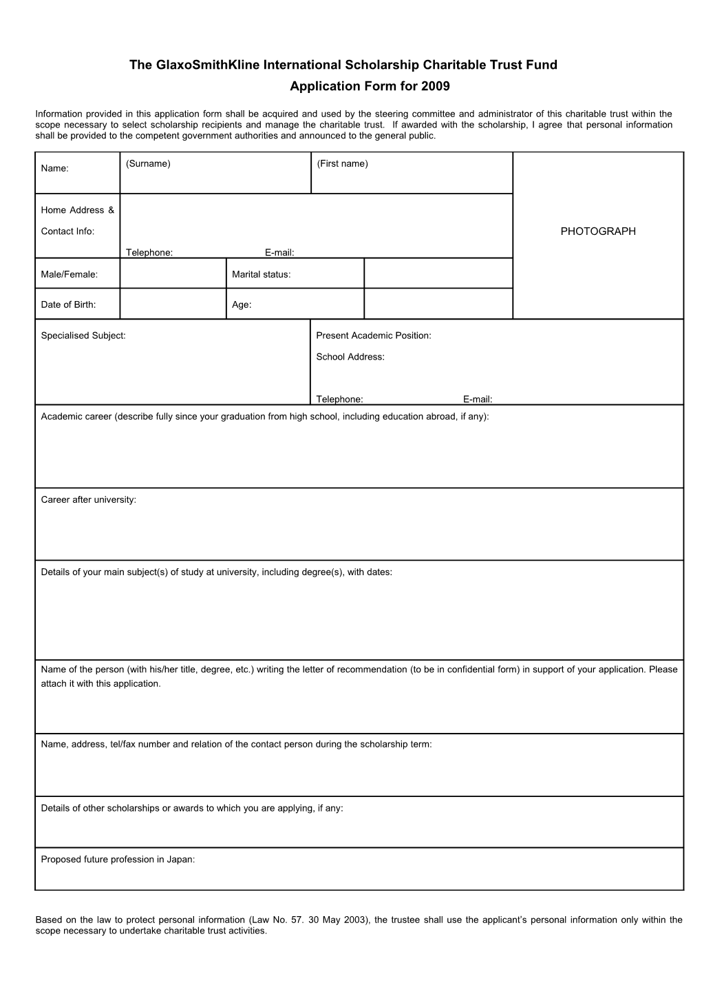 APPLICATION FORM for GLAXO WELLCOME INTERNATIONAL SCHOLARSHIP For2000entry