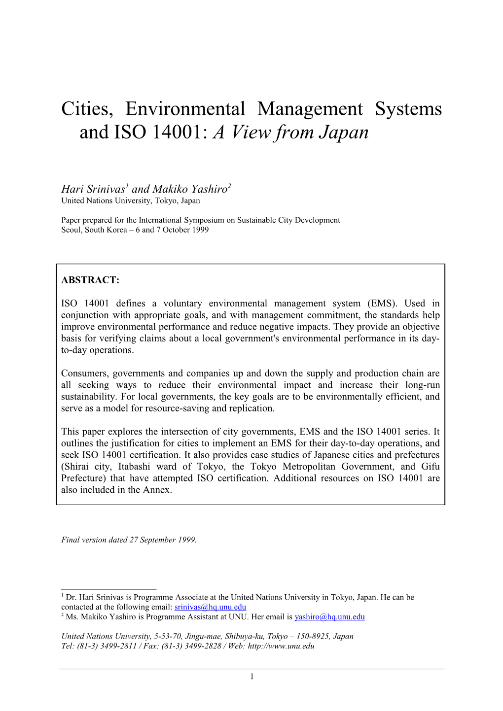 Cities, Environmental Management Systems