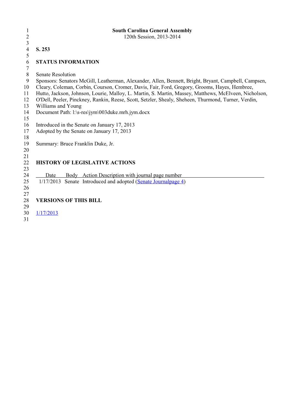 2013-2014 Bill 253: Bruce Franklin Duke, Jr. - South Carolina Legislature Online