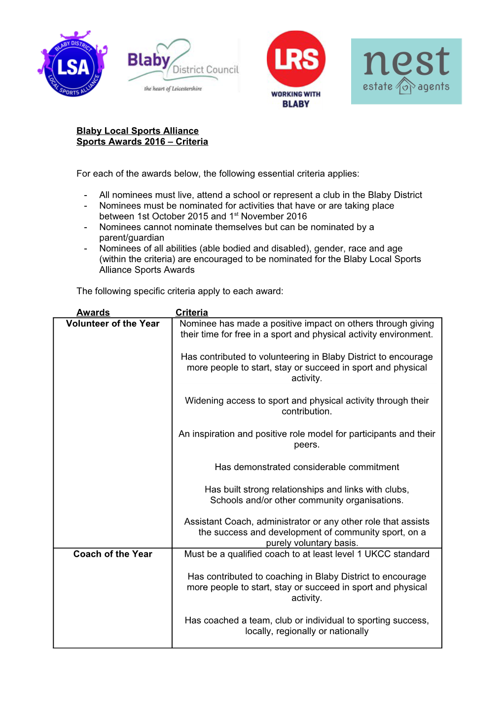 Blaby District Sports Awards Criteria