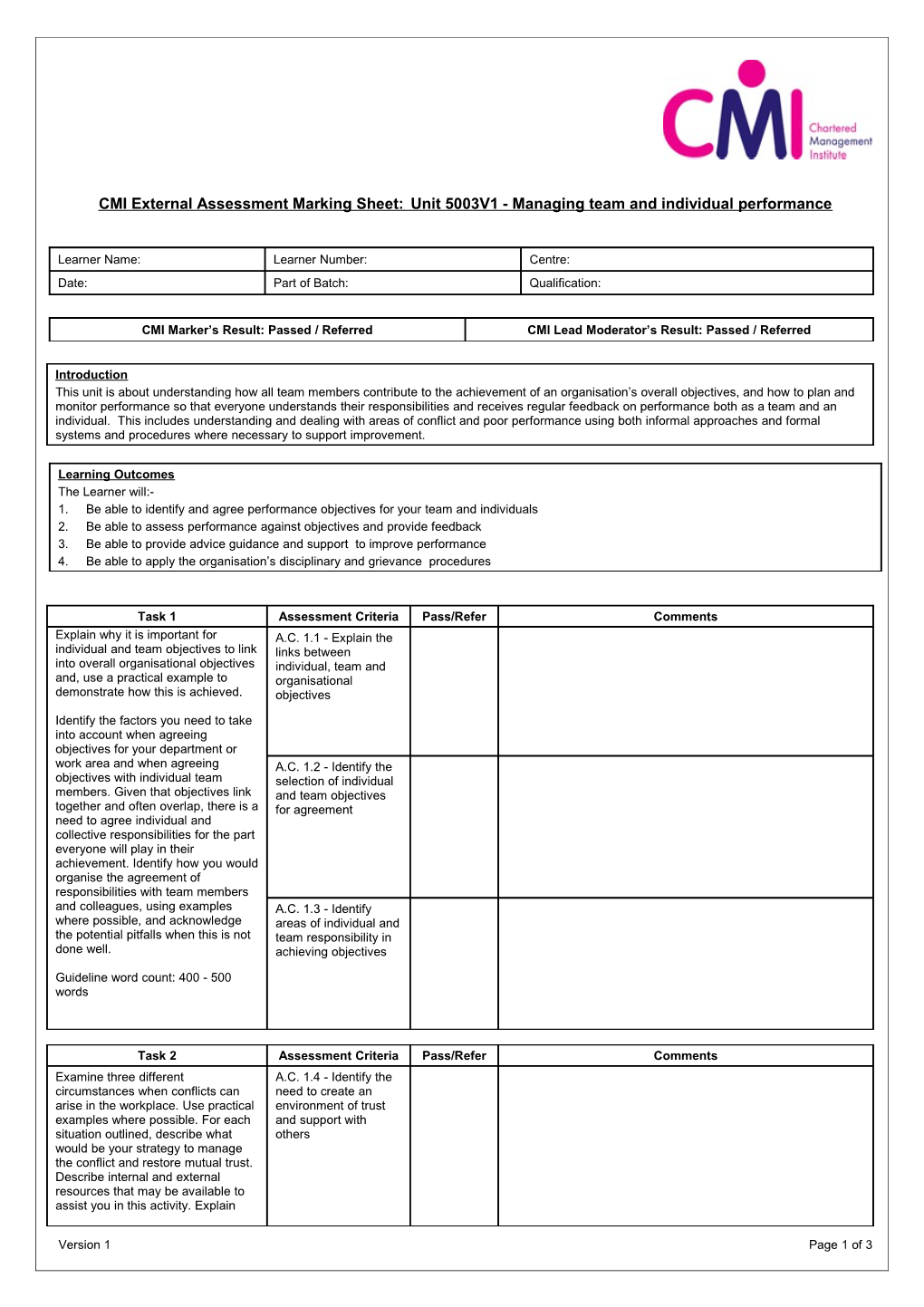 CMI External Assessment Marking Sheet:Unit 5003V1 - Managing Team and Individual Performance