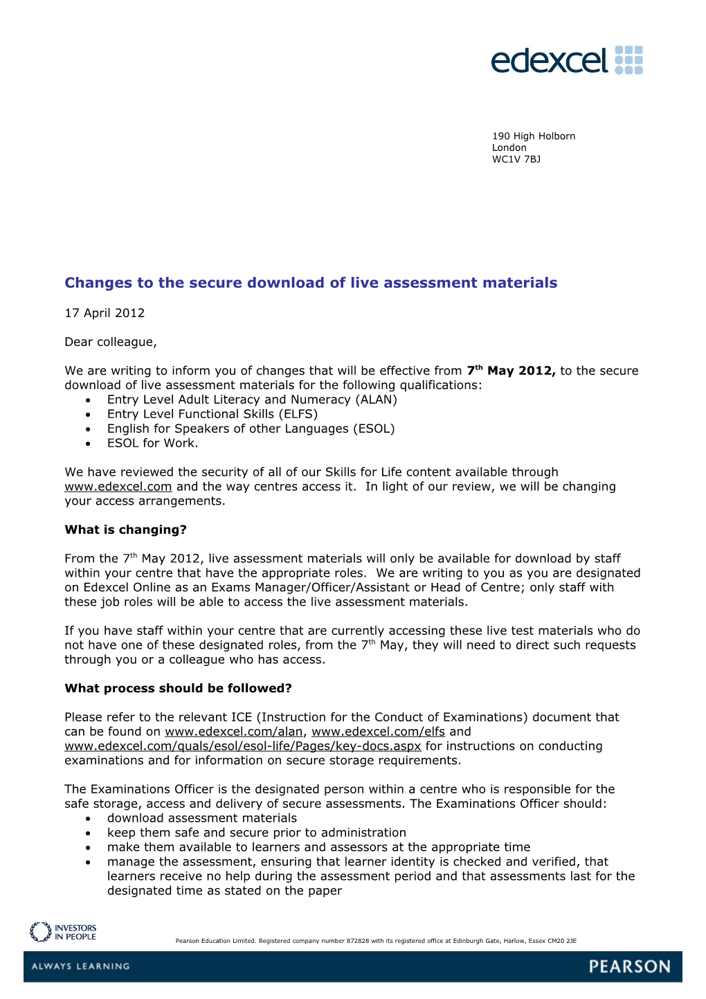 Changes to the Secure Download of Live Assessment Materials