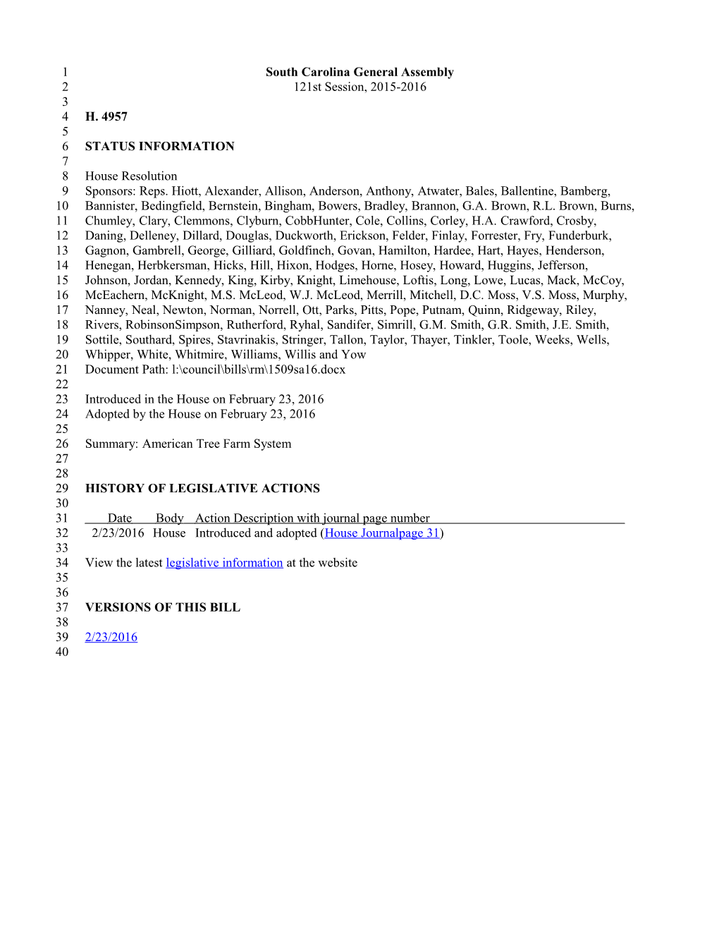 2015-2016 Bill 4957: American Tree Farm System - South Carolina Legislature Online