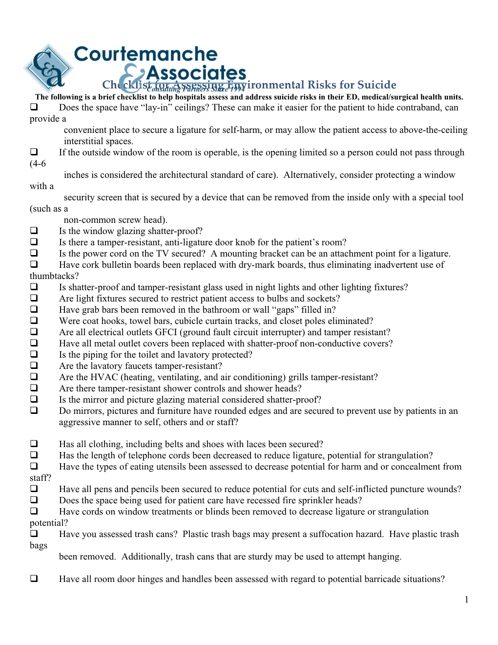 Checklist for Assessing Environmental Risks for Suicide