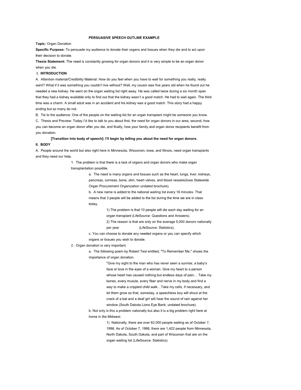 Persuasive Speech Outline Example