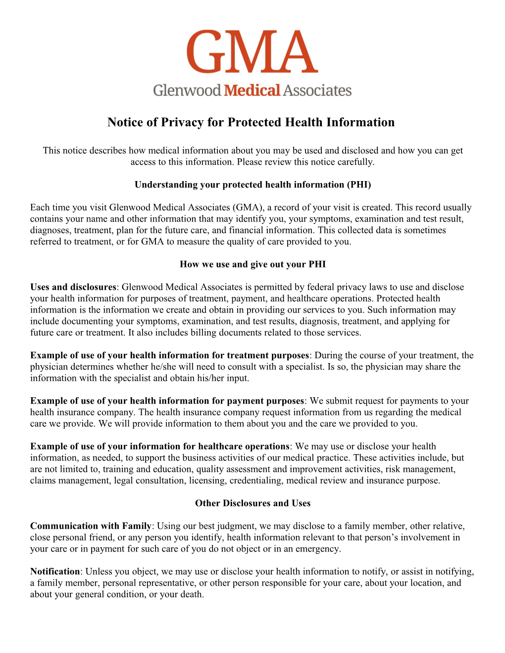 Notice of Privacy for Protected Health Information